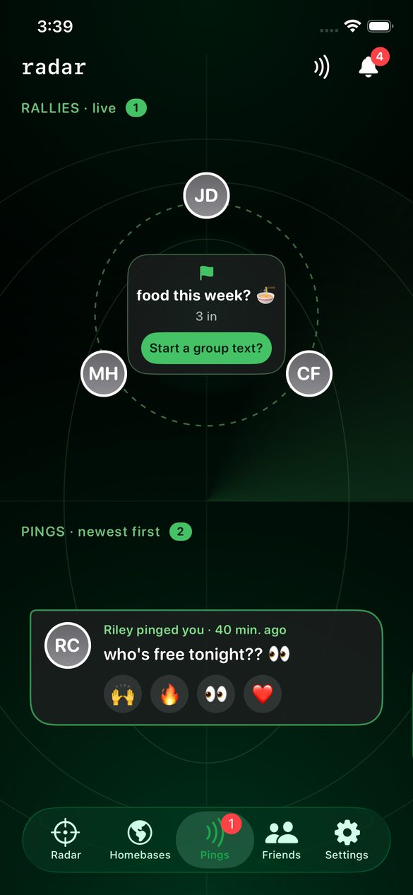 The Pings tab: rallies above, pings below
